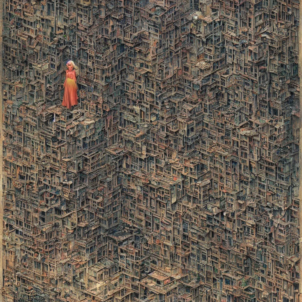 Image similar to woman in a dress shaped like the kowloon walled city by james gurney