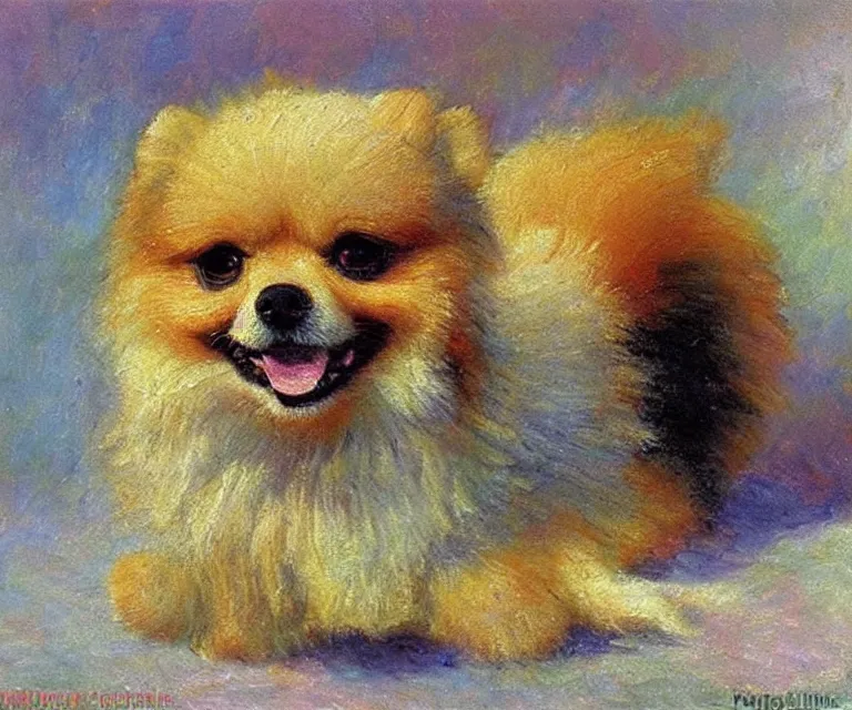 Image similar to pomeranian, cute, monet, oil painting