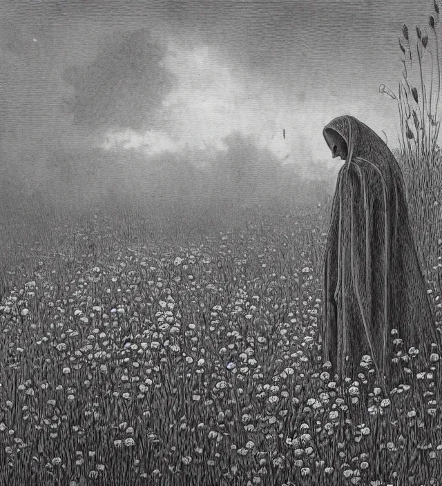 Image similar to grim reaper with no face at distance in beautiful meadow of flowers, detailed pencil illustration by gustave dore, highly detailed, centered, high resolution, smooth, sharp focus, illustration