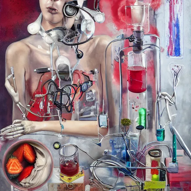 Prompt: self - portrait of a female art student, surgical equipment, sensuous, berry juice drips, pancakes, berries, bones, defibrillator, electrical wires, battery, oxygen tank, scientific glassware, seedlings, bones, art supplies, candles dripping wax, neo - impressionist, surrealism, acrylic and spray paint and oilstick on canvas
