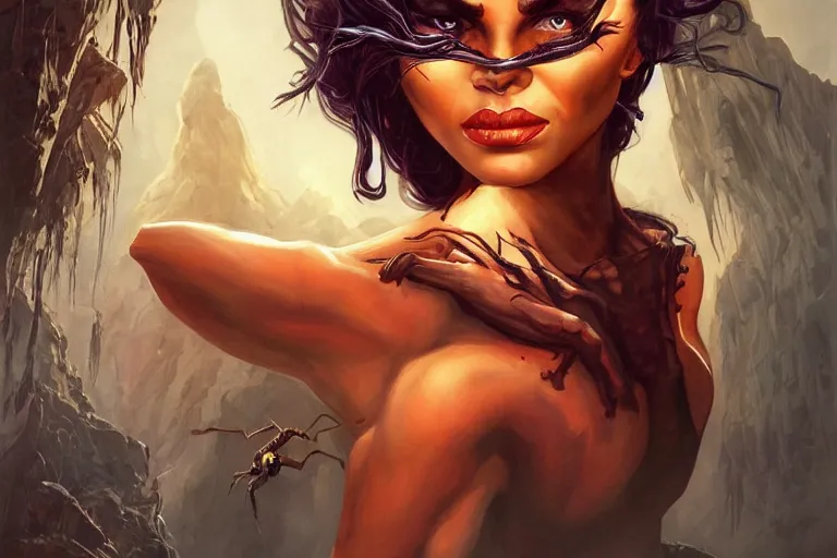 Image similar to A portrait painting of a spider woman with giant spider legs and hair needles crawling out of a volcano, illustration, detailed, award-winning, trending on artstation, by Frank Frazetta and Charlie Bowater and Mark Brooks and Richard Corben H-1024