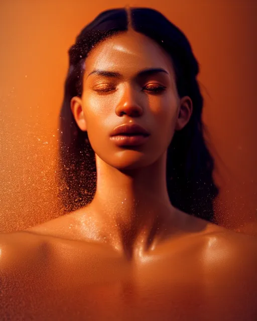 Prompt: photo half body portrait of very beautiful woman, face emerging from pool of water, brown skin, realism, extreme detail, real life, key art, soft light, volumetric light, 3 - d shadows, photo by james jean and wlop, photoshoot