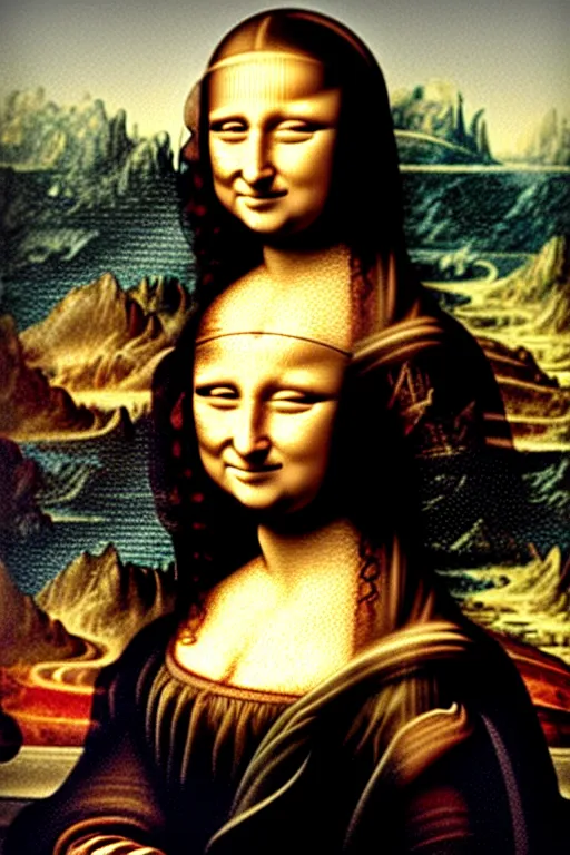 Prompt: the mona lisa made of metal and machinery and wiring