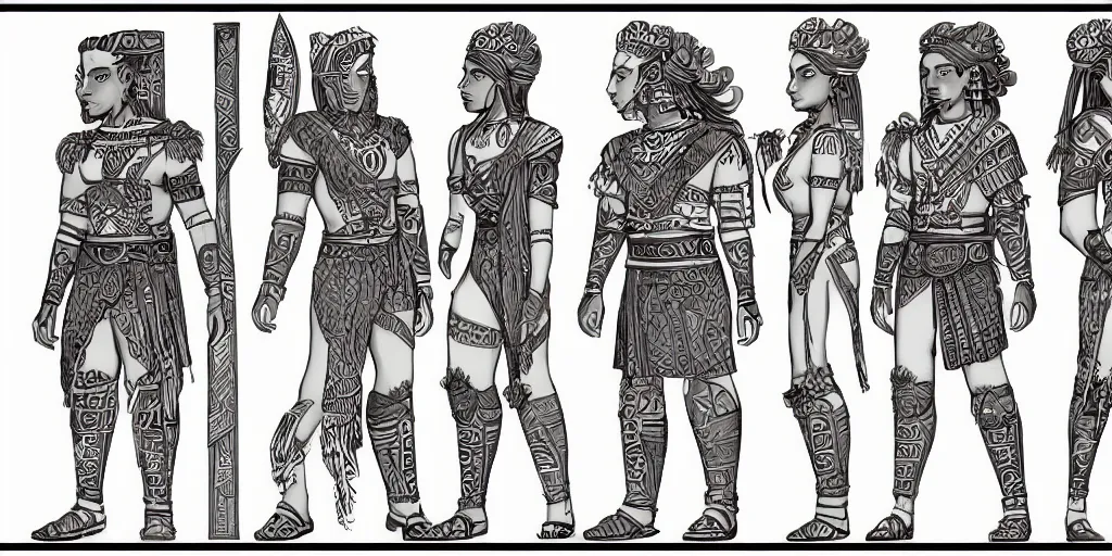 Image similar to highly detailed character sheet, technical drawing, side view, aztec game protagonist designs, side - scrolling 2 d platformer