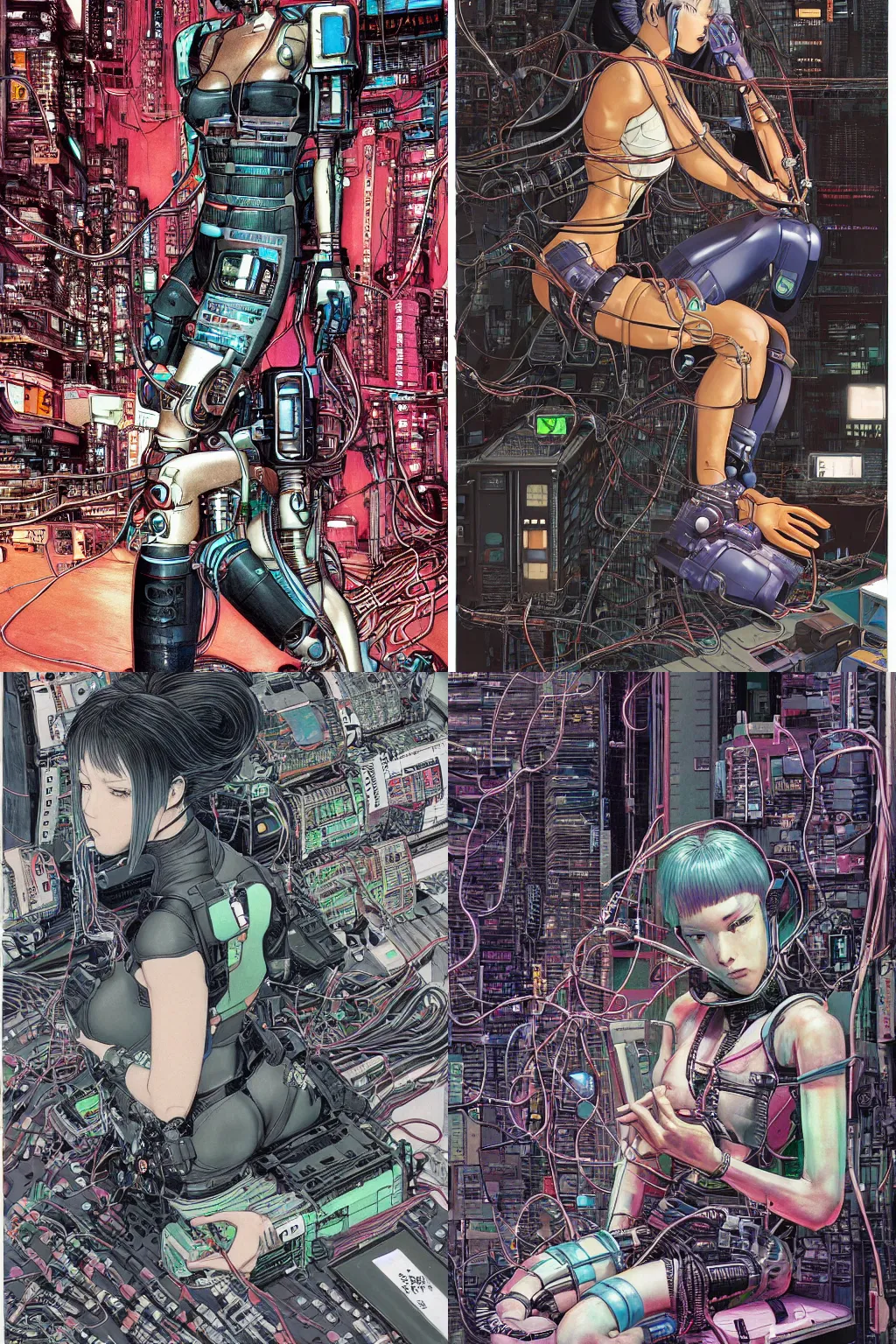 Prompt: an hyper-detailed cyberpunk illustration of a female android seated on the floor in a tech labor, seen from the side with her body open showing cables and wires coming out, by masamune shirow, and katsuhiro otomo, japan, 1980s, centered, colorful, ((motoko kusanagi))