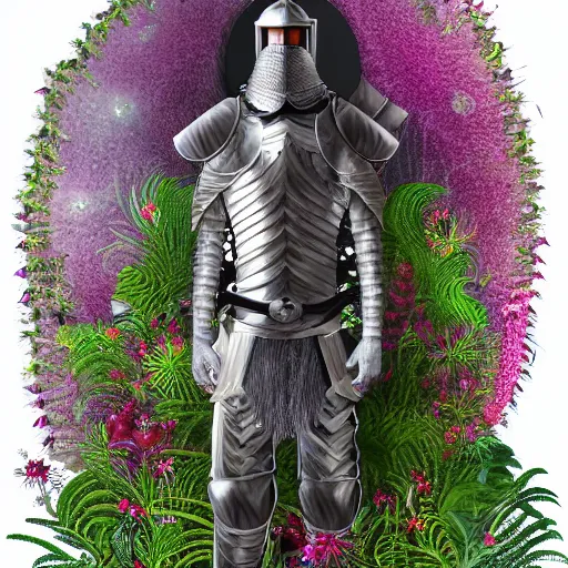 Prompt: a male knight with beard, stern face, clear eyes, shining armour made of steel, and fractal flowery hair in a fractal garden, glowing delicate flower, berries and ferns that grow in a dark flowering fantasy forest, full frame,