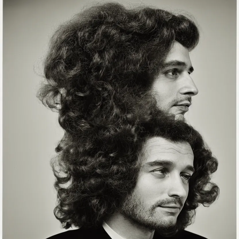 Image similar to portrait of a man, 70's decade, long curly hair, top lighting, darkroom