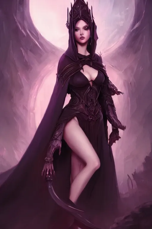 Prompt: Fantasy portrait, Necromancer, female, alluring, beautiful face, dark garments, dark pruple robes, midriff, Black cloak from neck to ankles, pin-up, shapely derriere, matte painting, by WLOP, artstation