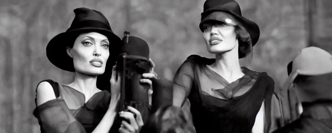 Image similar to revolution in 1 9 2 3 paris, angelina jolie delivers a speech, noir, photorealistic