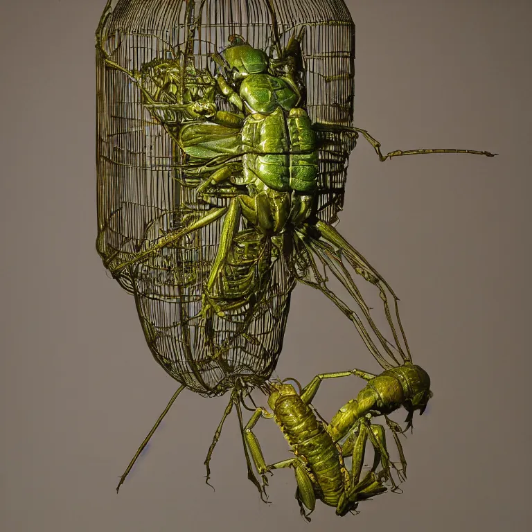 Prompt: hyperrealistic sculpture of a bronze fossilized cicada cockroach in a large cage made of green nylon wire and wax on a pedestal by ron mueck and duane hanson and lee bontecou, hyperrealistic dramatic colored lighting trending on artstation 8 k