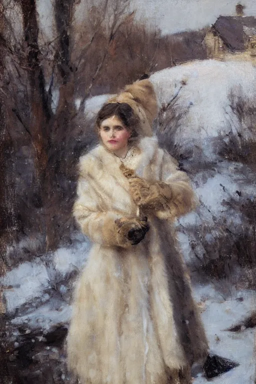 Image similar to Richard Schmid and Jeremy Lipking full length portrait painting of a young beautiful edwardian girl hold a victorian fur handwarmer standing in the snow