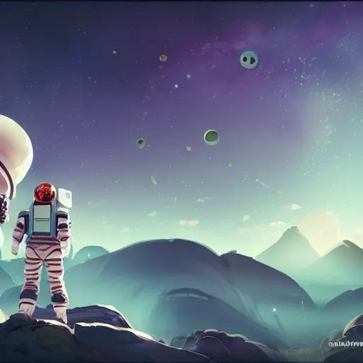 Image similar to astroneer chasing a distant spaceship Anime, wide angle, fine details, cinematic. galaxy starscape. realistic shaded lighting by Ilya Kuvshinov Giuseppe Dangelico Pino and Michael Garmash and Rob Rey greg rutkowski, octane render, IAMAG premiere, aaaa achievement collection, elegant freckles, cinematic hologram, fabulous, daily deviation, 4k, 8k, annual award winner