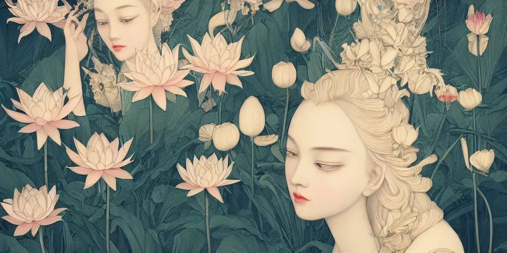 Image similar to breathtaking detailed concept art painting art deco pattern of blonde faces goddesses amalmation lotus flowers with anxious piercing eyes and blend of flowers and birds, by hsiao - ron cheng and john james audubon, bizarre compositions, exquisite detail, extremely moody lighting, 8 k