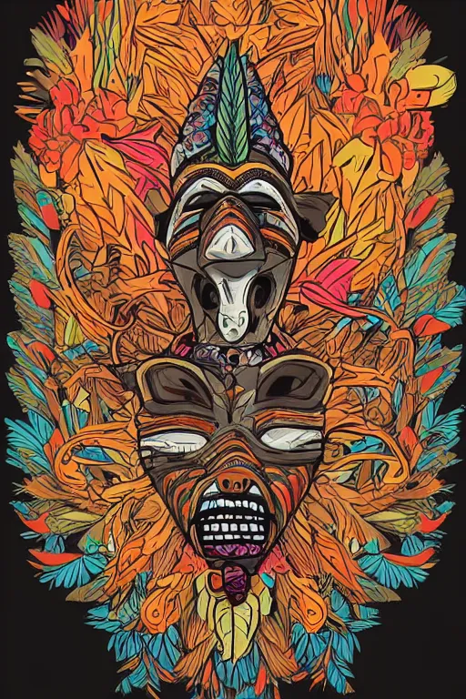 Image similar to animal mask totem roots flower tribal feather gemstone plant wood rock shaman vodoo video game vector cutout illustration vivid multicolor borderlands comics by josan gonzales and dan mumford radiating a glowing aura