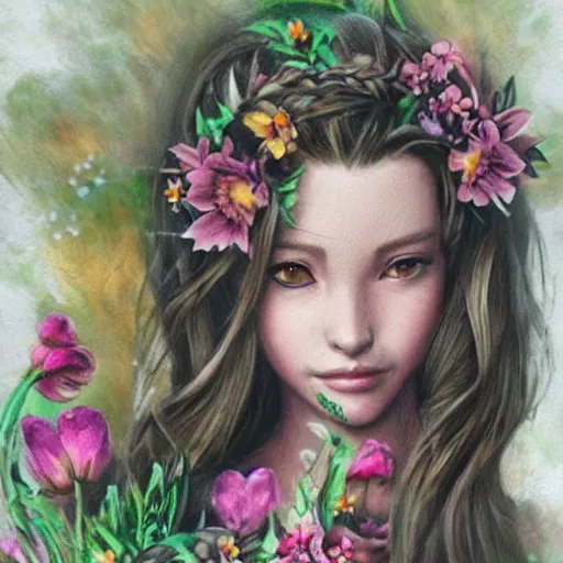 Image similar to concept art of aerith gainsborough with tattoos, amongst flowers, high quality, detailed, trending on artstartion