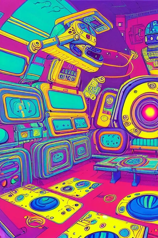 Prompt: a brightly colored drawing of a room with a bed in an 8 0 s art deco international space station, robots, led screens, droids, a detailed painting by lisa frank, james jean, kilian eng, moebius, featured on deviantart, psychedelic art, psychedelic, whimsical, vivid colors