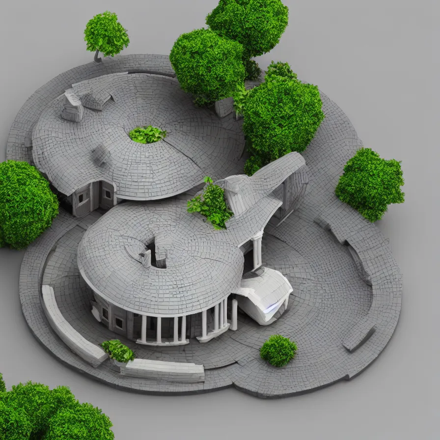 Image similar to architectural model, isometric view, 3 d render, studio lighting, low contrast, dark background, highly detailed, a house with circular courtyard, tree