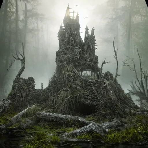 Image similar to full body pose, hyperrealistic photograph of the black castle of rotbog swamp, dim volumetric lighting, 8 k, octane beautifully detailed render, extremely hyper detailed, intricate, epic composition, cinematic lighting, masterpiece, trending on artstation, very very detailed, stunning, hdr, smooth, sharp focus, high resolution, award, winning photo, dslr, 5 0 mm