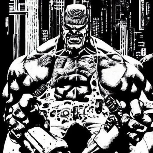Prompt: cyberpunk hulk hogan, black and white, art by sergio toppi and keith giffen