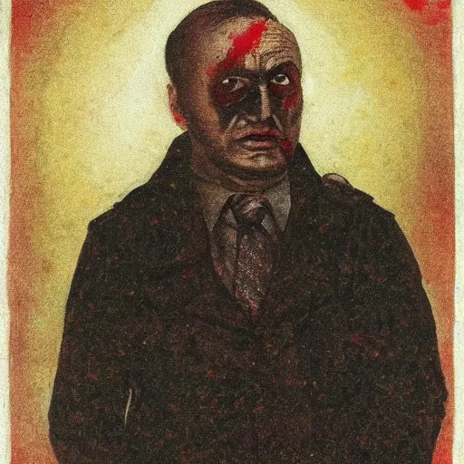 Image similar to portrait of alexander abdulov, with a red eyes, satanic body, head of old man, in blood of sinners, hellish style