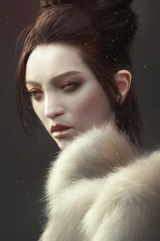 Image similar to A fancy portrait of an attractive hybrid women with fur by Greg Rutkowski, beeple, Sung Choi, Mitchell Mohrhauser, Maciej Kuciara, Johnson Ting, Maxim Verehin, Peter Konig, final fantasy, macro lens , 8k photorealistic, cinematic lighting, HD, high details, dramatic, dark atmosphere, trending on artstation