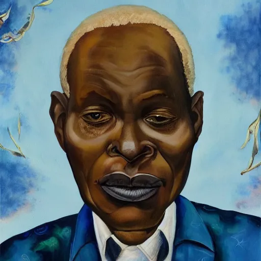 Prompt: a painting of a fatherly wide forehead, round face, XXL , loving, caring, generous, ever-present, humble, wise elder from Kenya in a suit by Wangechi Mutu . Fatherly/daddy, focused, loving, leader, relaxed, ethereal blue heavenly lights, details, smooth, sharp focus, illustration, realistic, cinematic, artstation, award winning, rgb , unreal engine, octane render, cinematic light, macro, depth of field, blur, red light and clouds from the back, highly detailed epic cinematic concept art CG render made in Maya, Blender and Photoshop, octane render, excellent composition, dynamic dramatic cinematic lighting, aesthetic, very inspirational, arthouse.