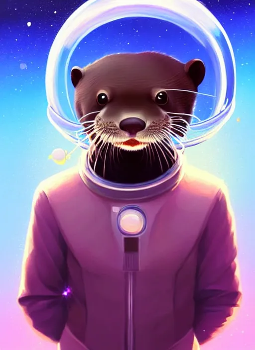 Image similar to a portrait of a cute otter with a space helmet, swimming through a beautiful galaxy!!!, detailed, artstation, art by rhads and miyazaki