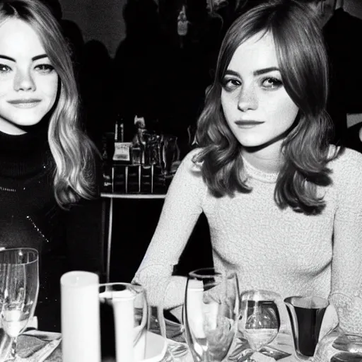 Image similar to b & w photo of emma stone and emma watson having dinner in the 1 9 7 0 s,