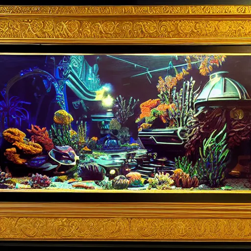 Prompt: painting of syd mead artlilery scifi fish tank with ornate metal work lands on a sidewalk, filigree ornaments, volumetric lights, tomas sanchez