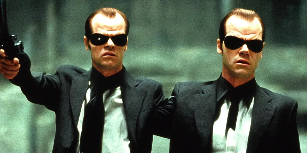 Image similar to Jack Nicholson as Agent Smith on the matrix, 1999, cinematic composition, cinemascope,