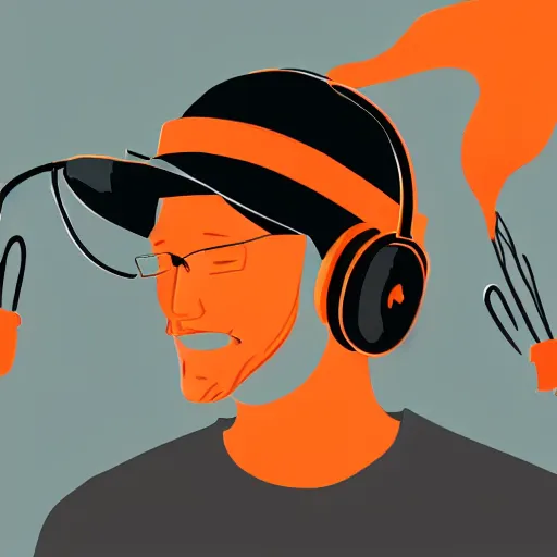 Prompt: streamer on twitch with black hat, stubble, ginger hair, orange hair, black cap, stubbles, red headphones, in the style of tatsuro kiuchi, art