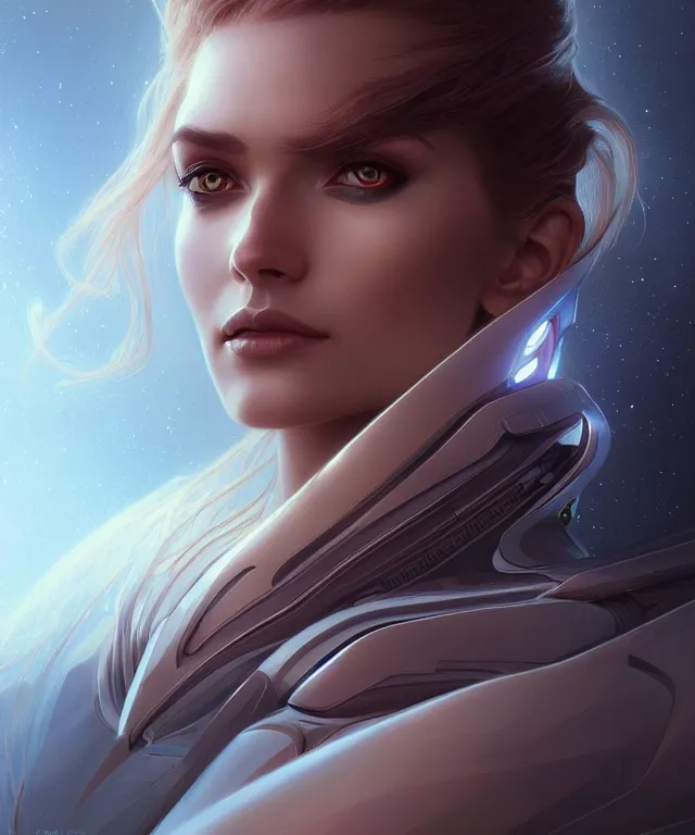 Prompt: futuristic woman android portrait, sci-fi, amber eyes, face, long hair, fantasy, intricate, elegant, highly detailed, digital painting, artstation, concept art, smooth, sharp focus, illustration, art by artgerm and greg rutkowski and alphonse mucha