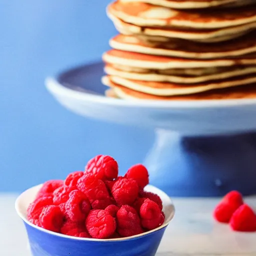 Image similar to a stack of pancakes, berries, blue painted wall, a portrait of a young lady, a bowl of sugar