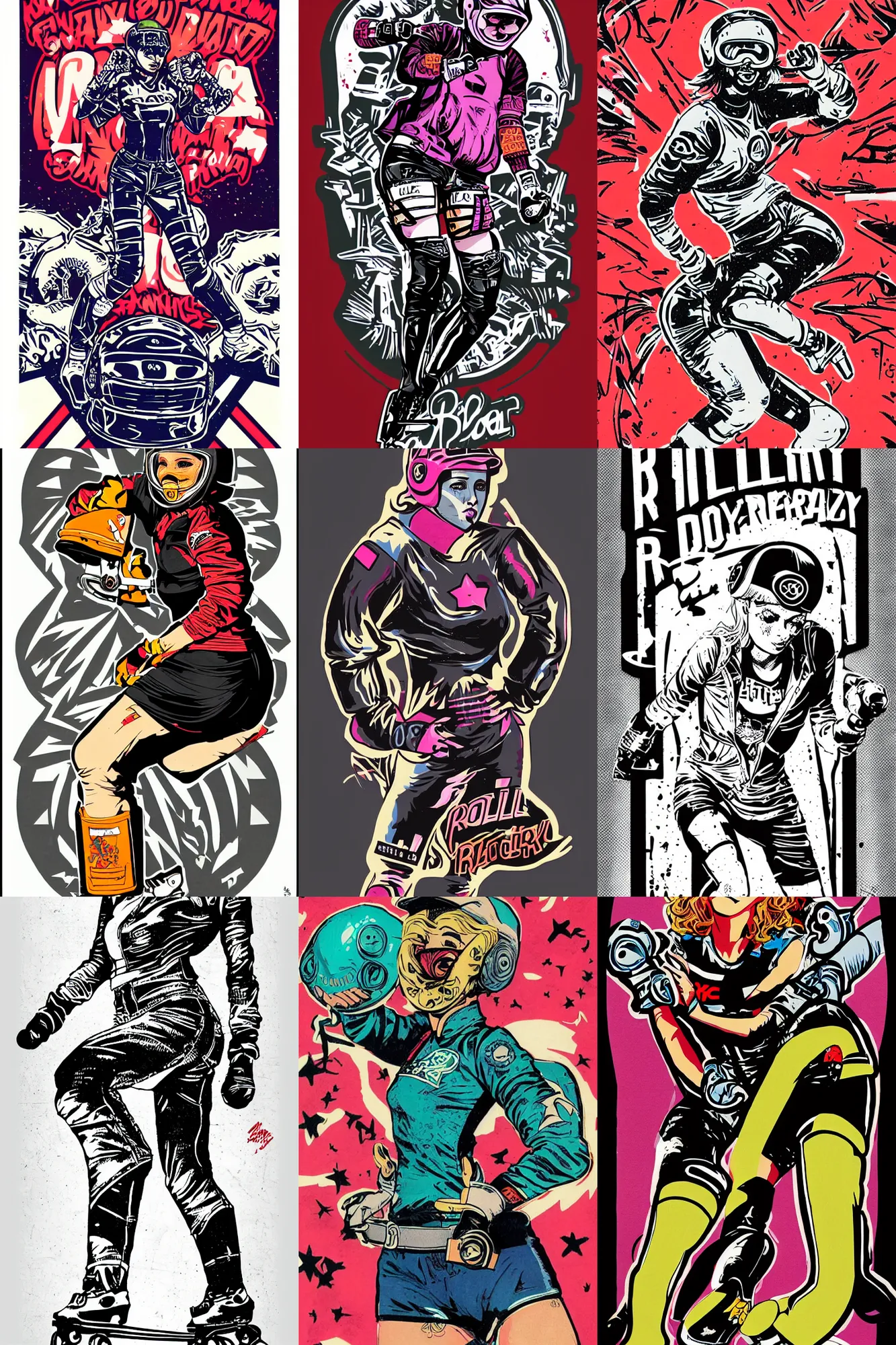 Prompt: roller derby girl, full length portrait, logo, wearing skating helmet, wearing torn clothes, showing victory, Philippe Caza, 2 colour print