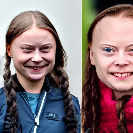 Prompt: laughing greta thunberg with very big forehead
