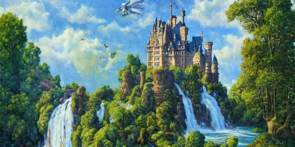 Image similar to a castle in the sky,painting,art nouveau,moat into waterfall