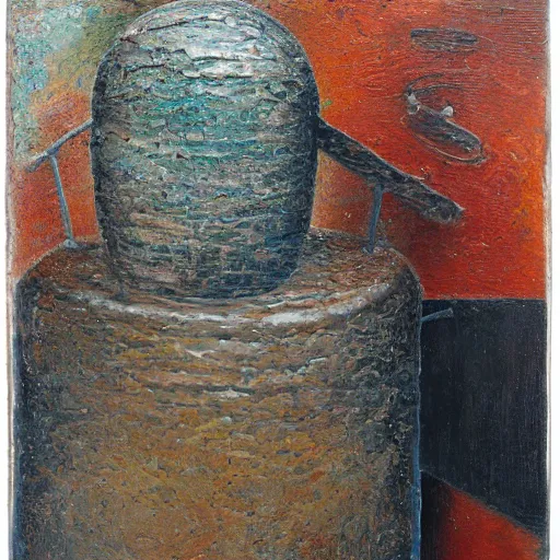 Image similar to a detailed, impasto painting by shaun tan and louise bourgeois of an abstract forgotten sculpture by ivan seal and the caretaker, weirdcore