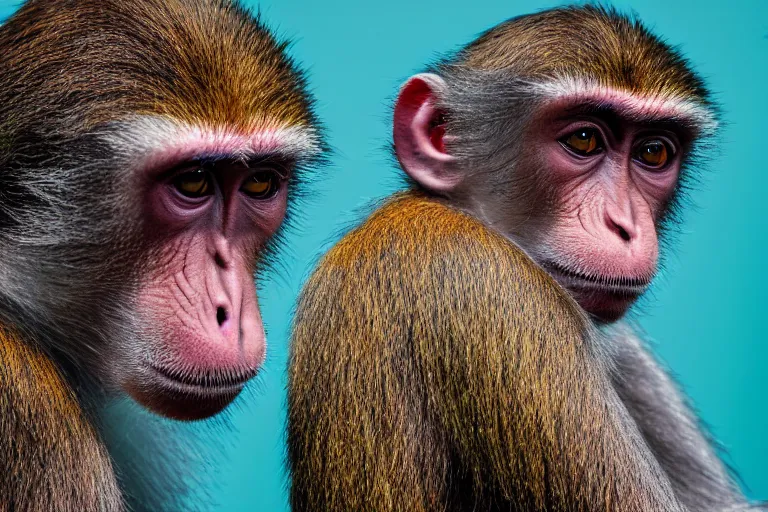 Image similar to Contamporary art fashion photography of ultra mega super hyper realistic detailed group of ultra mega super hyper realistic detailed monkey's in ultra mega super hyper realistic detailed colourful suits . Photo shot on ultra mega super hyper Leica Q2 Camera, Rendered by DaVinci Resolve