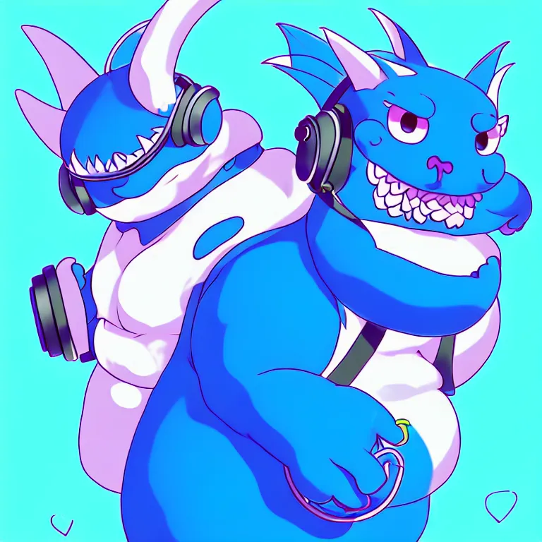 Image similar to a chubby anthropomorphic male blue dragon fursona, blue bubble gum, headphones on his head, cute, furry, beautiful, soft colors, oil on canvas, soft lighting