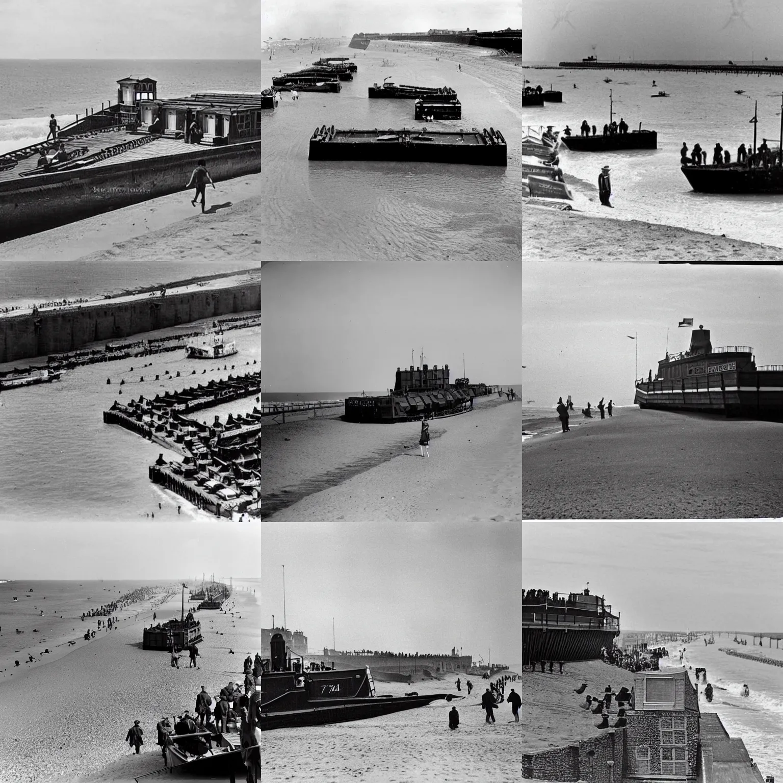 Prompt: landing craft approaching broadstairs beach, 1 9 4 4