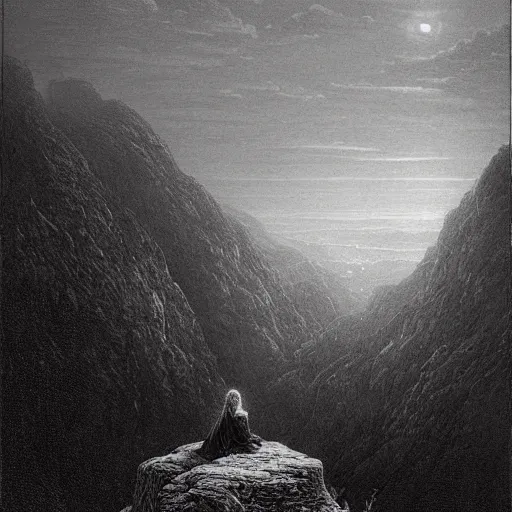 Image similar to A lonely widow looks from a mountaintop, mountains, gorgeous view, velly distant forest, distant city, distant glow, night, sunset, dramatic light, Chiaroscuro, long shadows, dark, masterpiece, high detail, detailed, illustration by Paul Gustave Doré