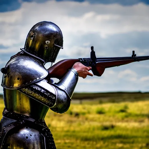 Image similar to medieval knight, in armor, shooting an ak - 4 7. 4 k, hdr, 5 0 mm lens, f 1. 8.