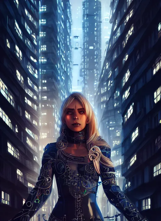 Image similar to photo of a gorgeous nordic female in a cyberpunk city, realistic, sharp focus, 8 k high definition, insanely detailed, intricate, elegant, artgerm, greg kutkowski, high contrast dramatic lighting