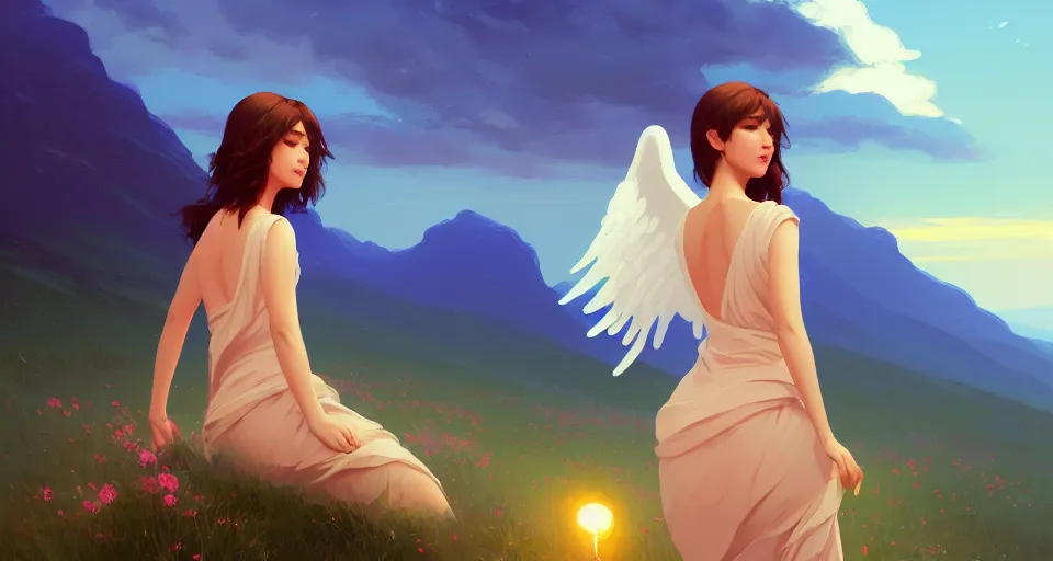 Prompt: angel, a single flower with a few petals behind a beautiful mountain landscape, night setting. realistic shaded lighting poster by ilya kuvshinov katsuhiro, magali villeneuve, artgerm, jeremy lipkin and michael garmash, rob rey and kentaro miura style, trending on art station