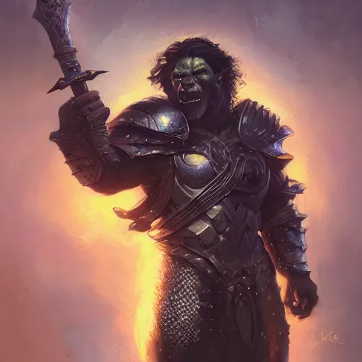 Prompt: male half orc, heavy armor, Holding big Sword, Channeling light and dark energy , kellemvor, fantasy, concept art, Tom bagshaw, sam spratt, Gustav Klimt, intricate, bright colors, 4k, art nouveau