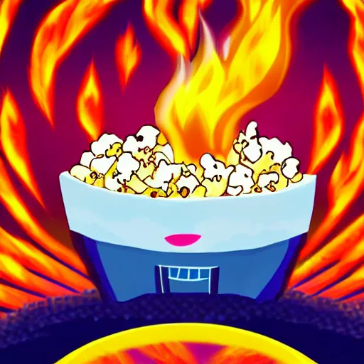 Image similar to kawaii wacky fluffy popcorn with lightning bolt power, yokai, in the style of a manga character, with a smiling face and flames for hair, sitting on a lotus flower, white background, simple, clean composition, symmetrical