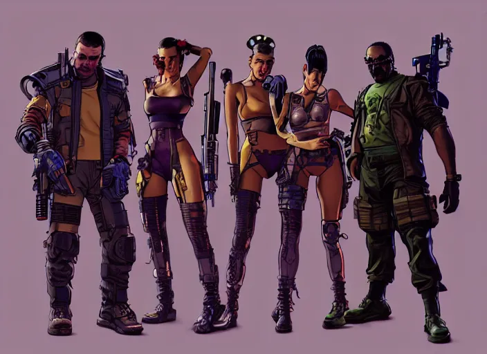 Image similar to cyberpunk mercenary team. portrait by stonehouse and mœbius and will eisner and gil elvgren and pixar. character design. realistic proportions. cyberpunk 2 0 7 7 character art, blade runner 2 0 4 9 concept art. cel shading. attractive face. thick lines. the team. diverse characters. artstationhq.