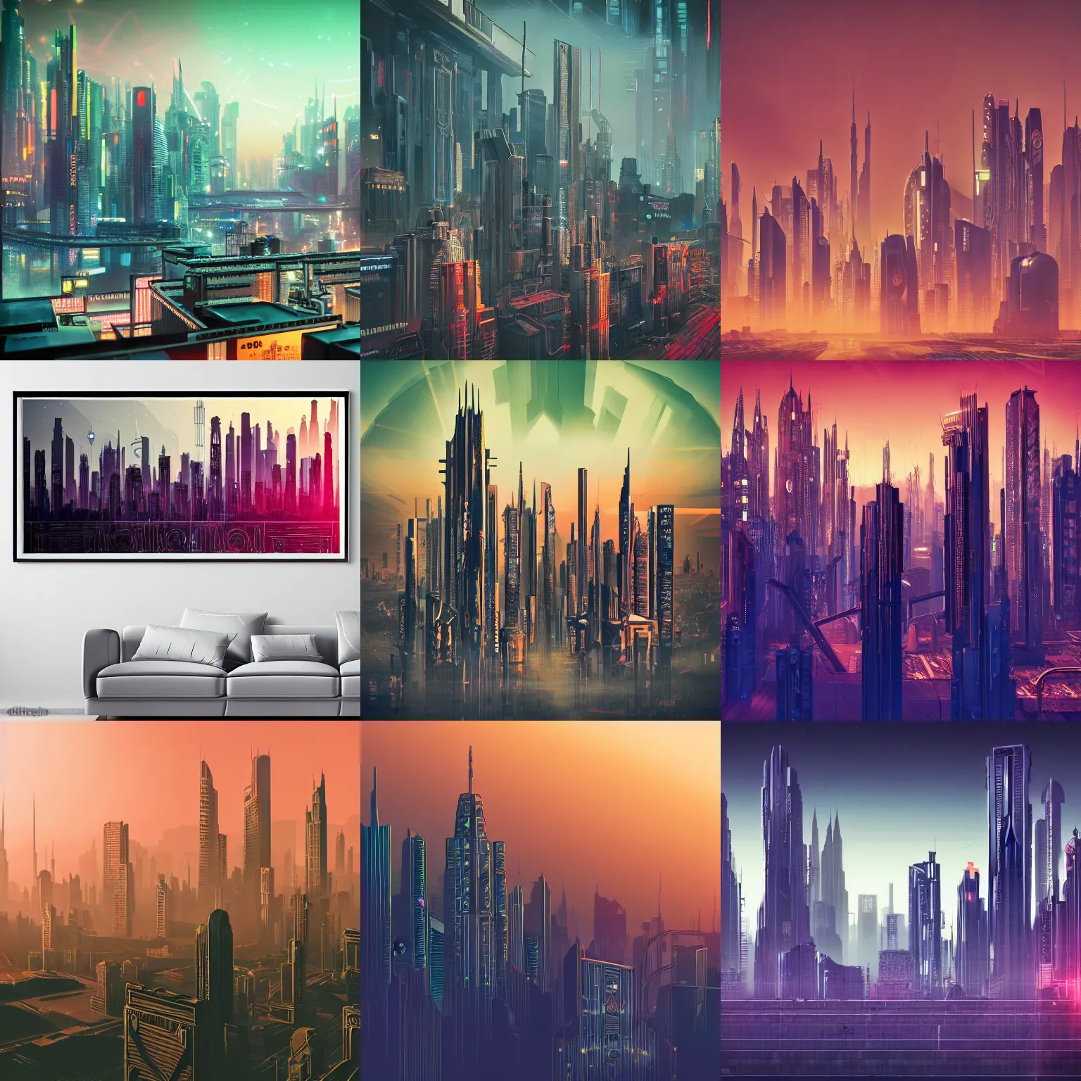 Prompt: detailed photo of a realistic cyberpunk Art Deco skyline at dawn