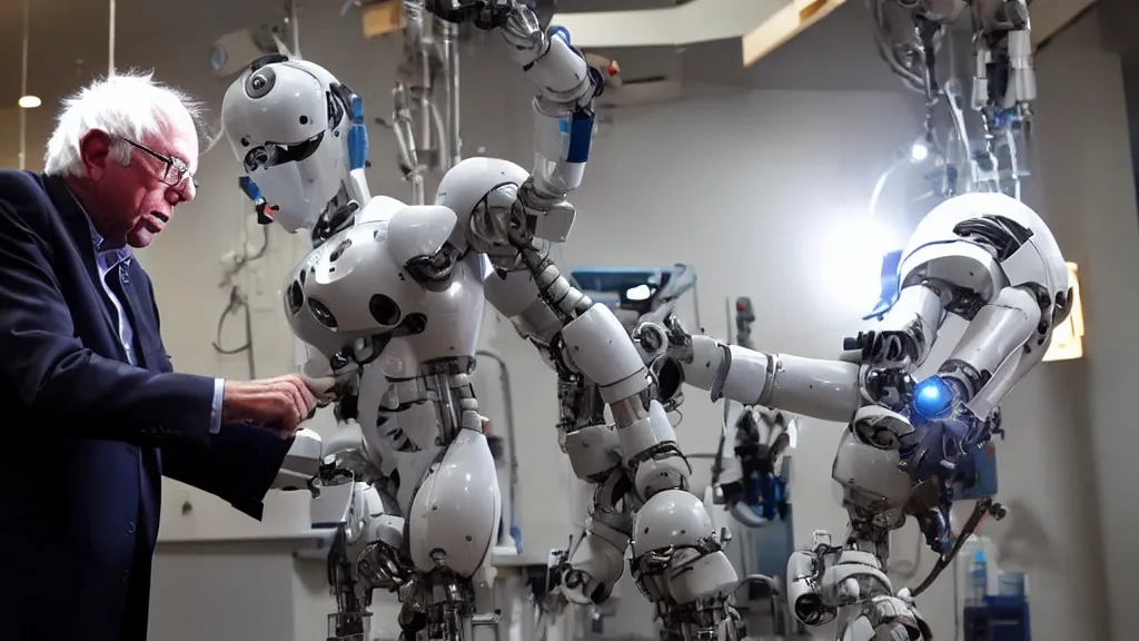 Image similar to bernie sanders putting the finishing touches on a ( ( ( ( cute ) ) ) ) clockwork doomsday robot, cinematic moody lighting, sharp focus, imax