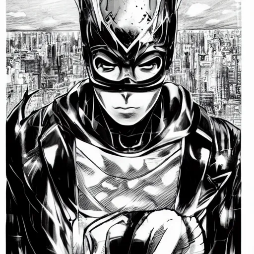 Image similar to Manga illustration of masked super hero, full body and head portrait by Tetsuo Hara. Depth of field, zoom out 35mm camera, awesome cityscape in the background, highly detailed concept art, detailed pencil art by Kengo Hanazawa